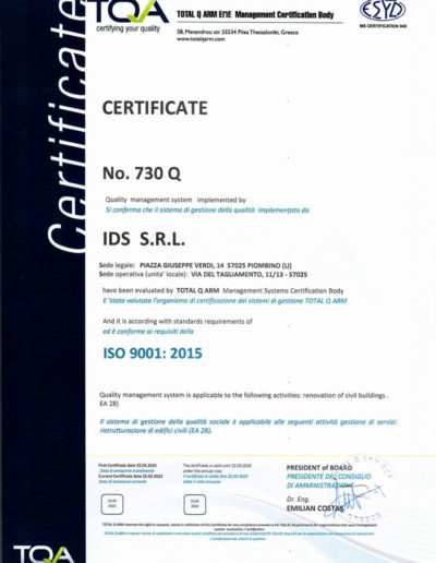 Certificato ISO 9001:2015 IDS